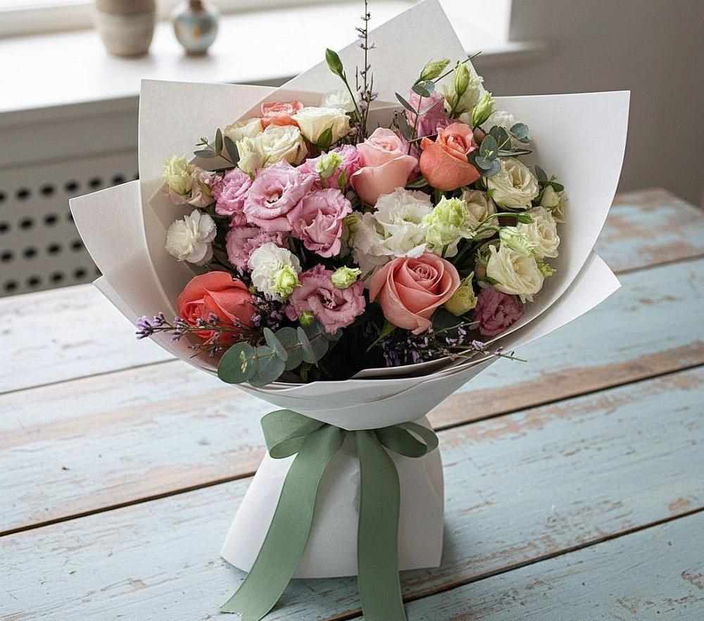 Букет цветов из: Розы, Лизиантусы и Гвоздики в Кингисеппе