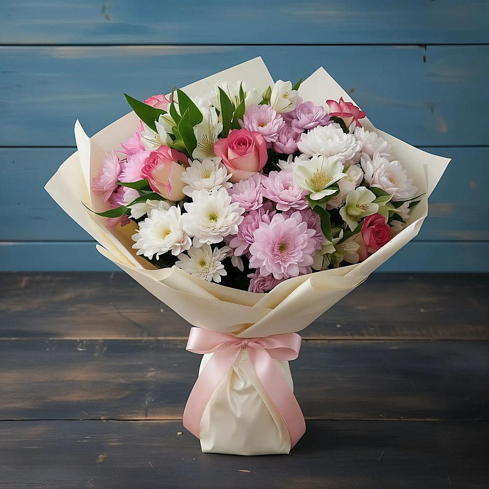 Букет цветов из: Хризантемы, Альстромерии и Розы в Кингисеппе